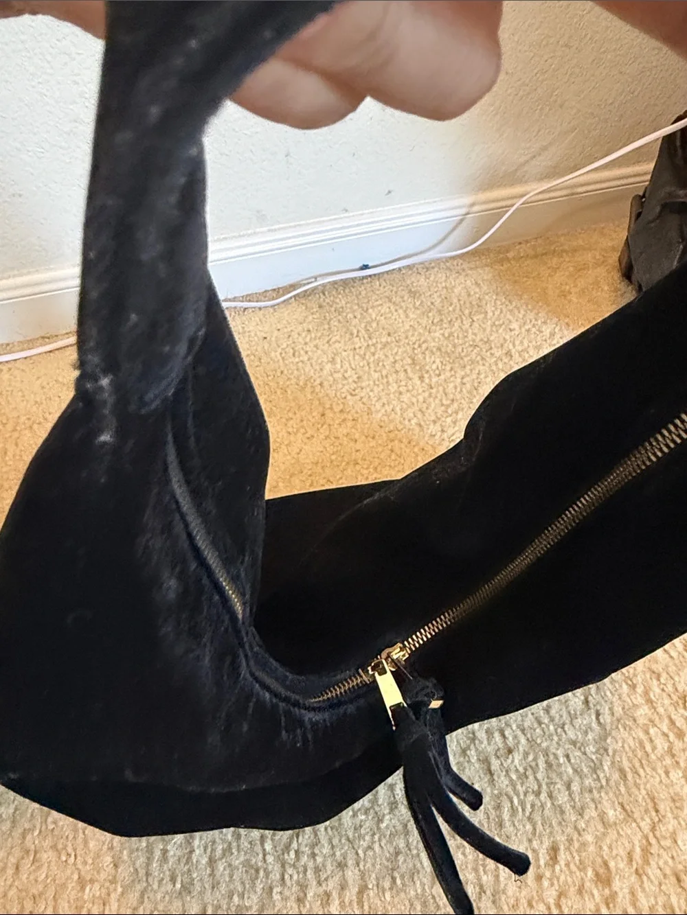 Tabitha Webb Black Velvet Slouchy Hobo Bag with Gold Hardware